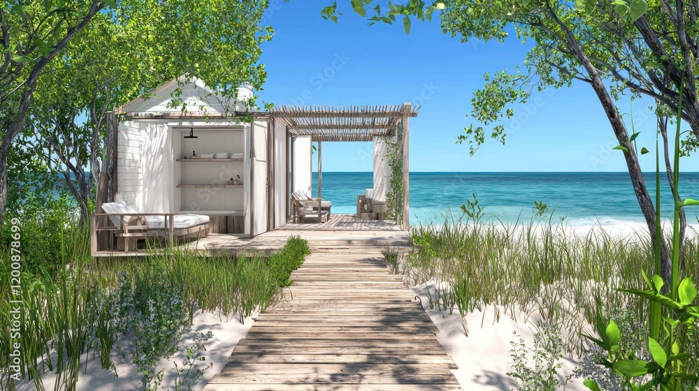 Tranquil beachside cabin with wooden pathway and lush greenery. Tranquil beachside cabin with wooden pathway and lush greenery.