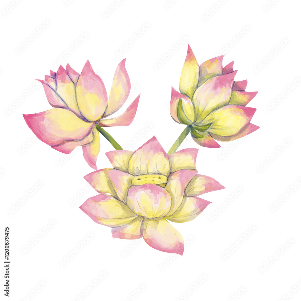 Fototapeta premium Watercolor Bouquet with Three Lotus Flowers, Illustration Composition for Web, Print, Textile, Products and Advertising