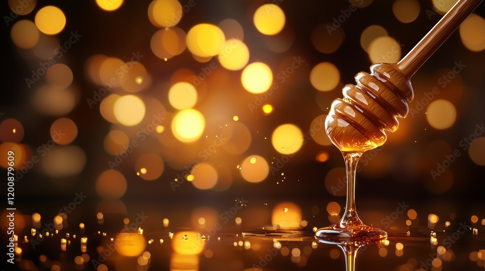 Honey Dripping from Wooden Dipper with Sparkling Bokeh Background Honey Dripping from Wooden Dipper with Sparkling Bokeh Background