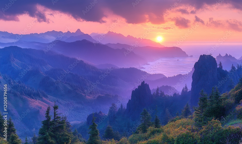 Sunset over purple mountains, ocean view. Sunset over purple mountains, ocean view.