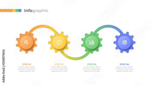Infographic with 4 circles, gears, cogs connected by line. Vector illustration. Can be used for workflow diagram, info chart.