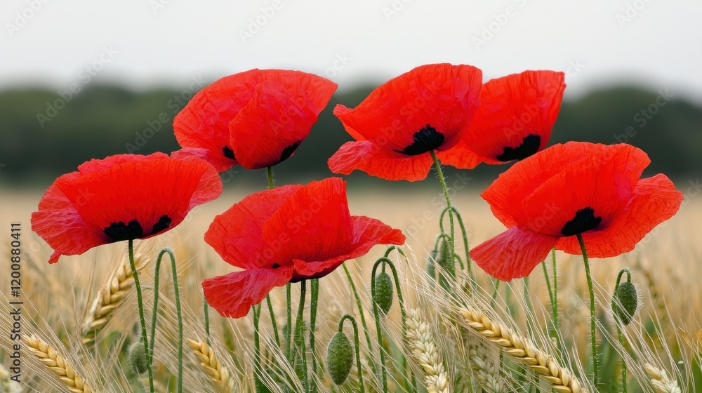 Obraz premium A cluster of vibrant red poppies amidst golden wheat fields.