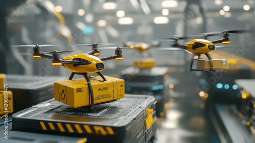 Autonomous delivery drones carrying packages in futuristic warehouse, showcasing advanced technology and efficient logistics in cinematic view