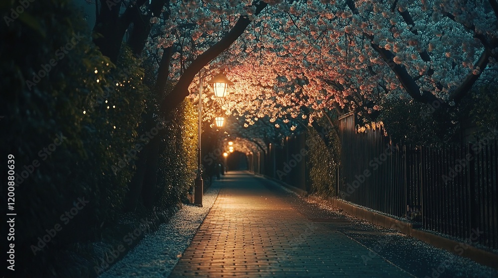 Evening Stroll Under Blossoming Trees with Soft Ambient Lighting Evening Stroll Under Blossoming Trees with Soft Ambient Lighting