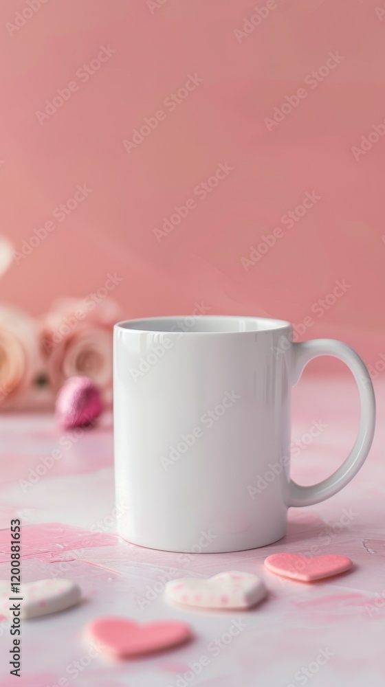 White Mug on Pink Background with Heart Shaped Cookies and Roses White Mug on Pink Background with Heart Shaped Cookies and Roses