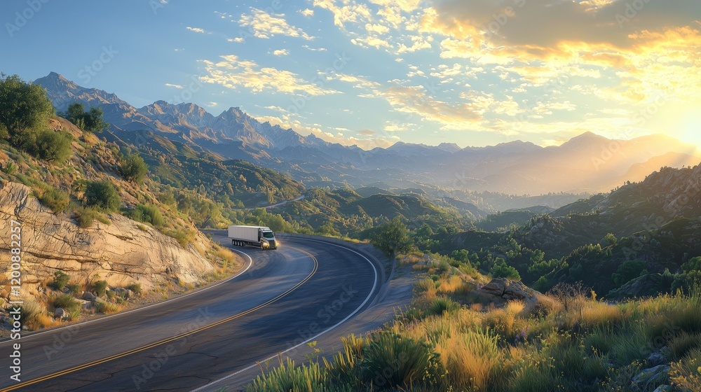 Fototapeta premium Scenic Mountain Road during Sunrise with Truck and Dramatic Sky