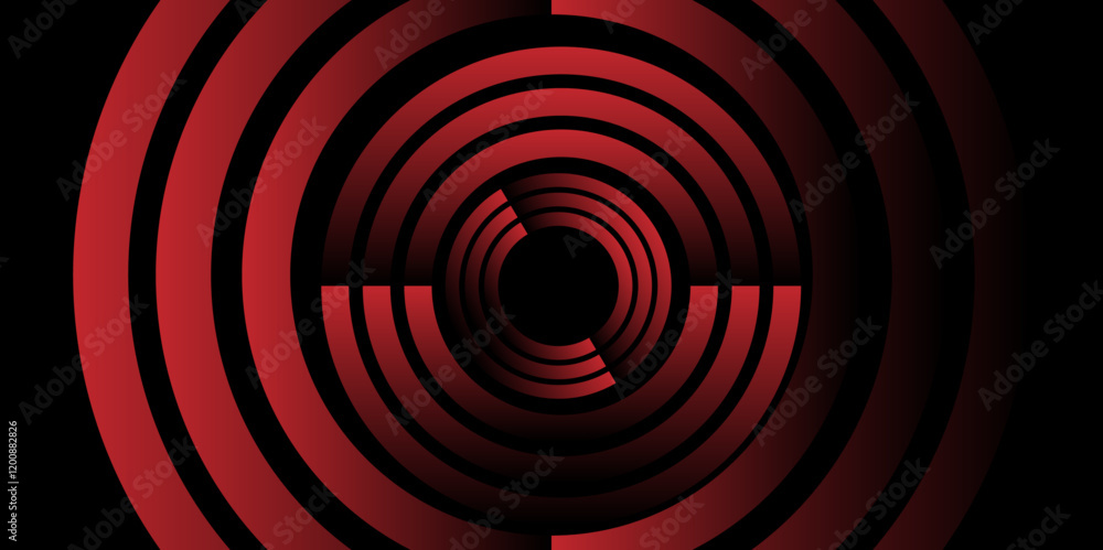 Fototapeta premium Black abstract background with circle lines spiral with copy space in the center. Ideal for modern design templates and backgrounds. Optical illusion tunnel with black and orange pattern. vector. 