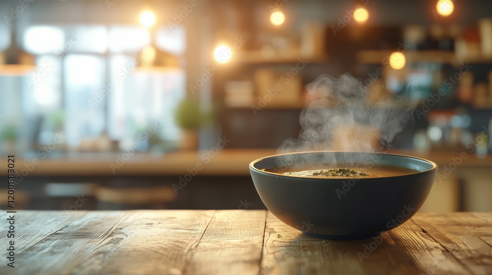 Warm Bowl of Soup Steam in Cozy Modern Kitchen Setting Warm Bowl of Soup Steam in Cozy Modern Kitchen Setting