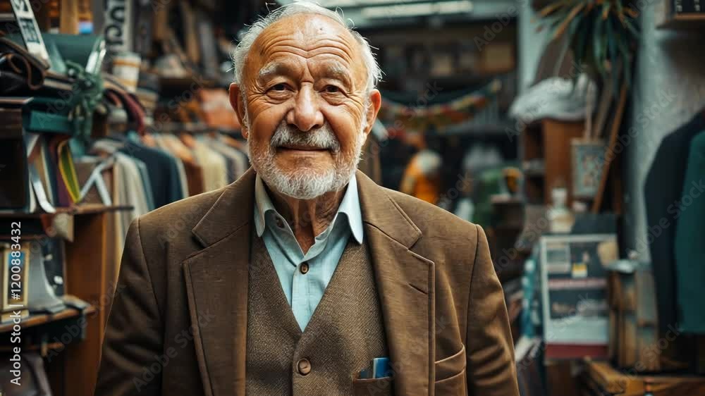 Elderly man with gray beard stands confidently in a vintage market filled with various antiques and collectibles
