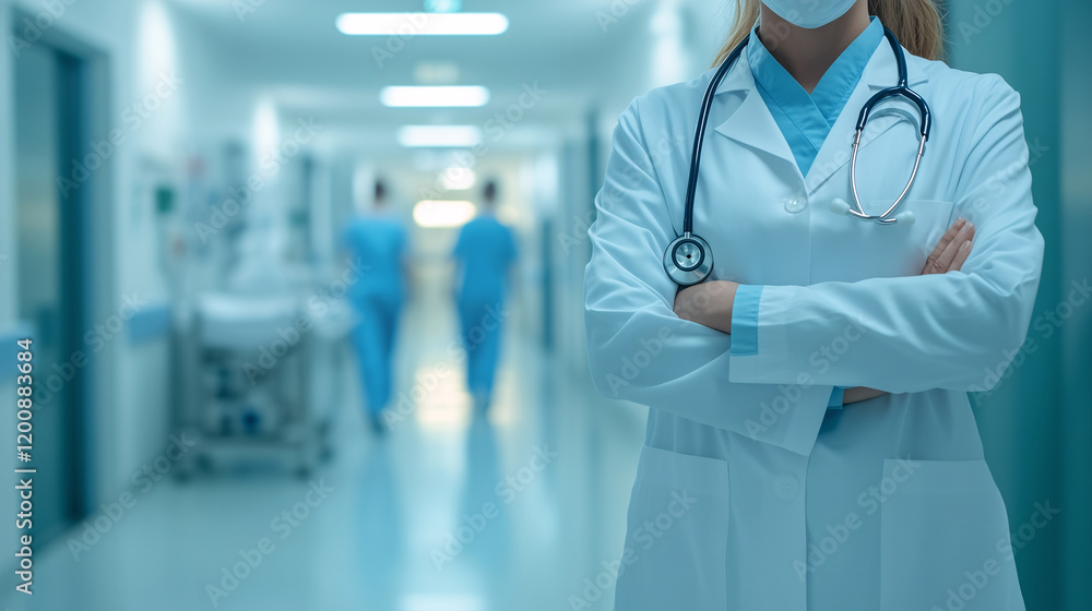Confident doctor with stethoscope in hospital Confident doctor with stethoscope in hospital