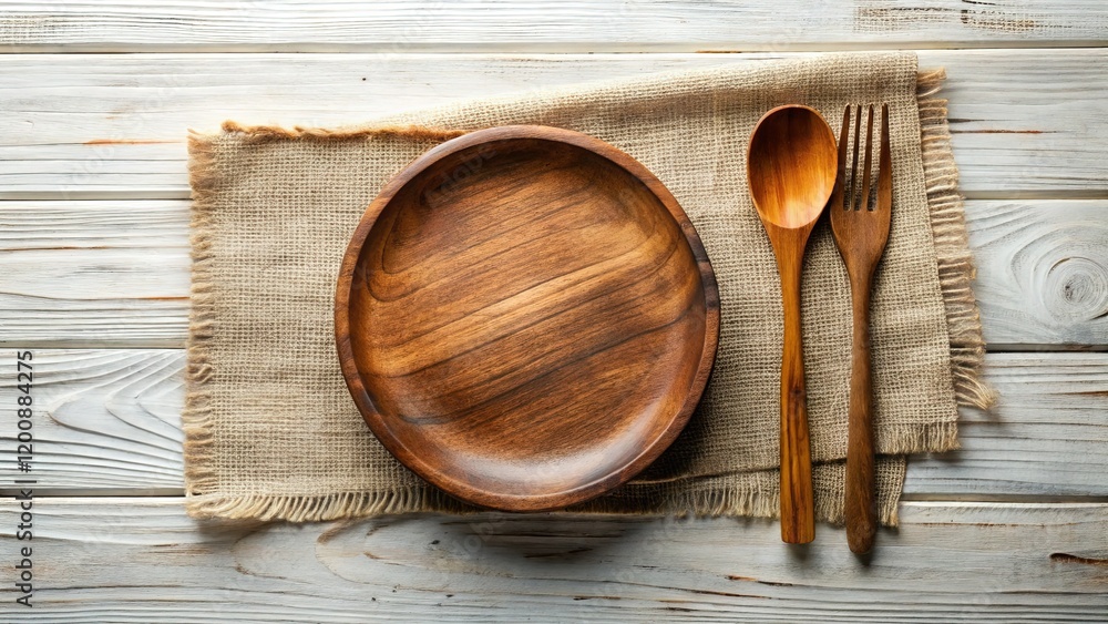 Rustic Wooden Plate with Utensils: Top View Macro Photography Stock Image Rustic Wooden Plate with Utensils: Top View Macro Photography Stock Image