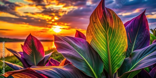 Silhouette of Canna Lily 'Yellow King Humbert' with Variegated Purple Foliage Against Sunset photo