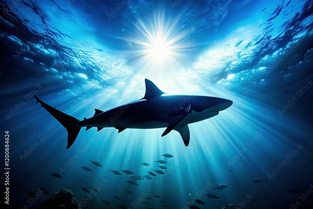 Obraz premium Silhouette of Great White Shark Hunting Underwater - Dramatic Wildlife Stock Photo