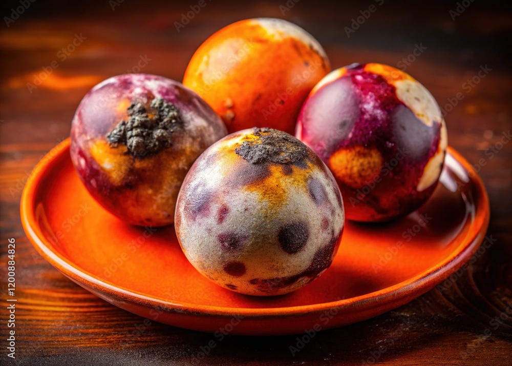 Spoiled Eggs: Macro Shot of Hibiscus Tea Dyed Eggs with Mold on Orange Plate Spoiled Eggs: Macro Shot of Hibiscus Tea Dyed Eggs with Mold on Orange Plate