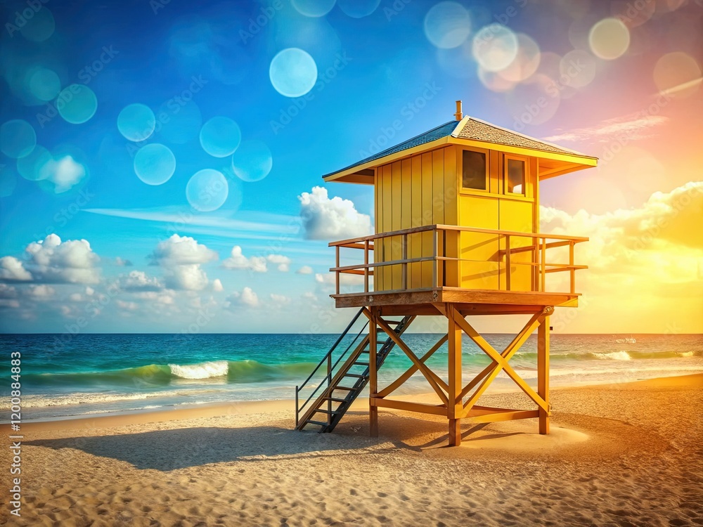 Sunny Beach Lifeguard Tower, Ocean View, Summer Vacation, Coastal Scene Sunny Beach Lifeguard Tower, Ocean View, Summer Vacation, Coastal Scene