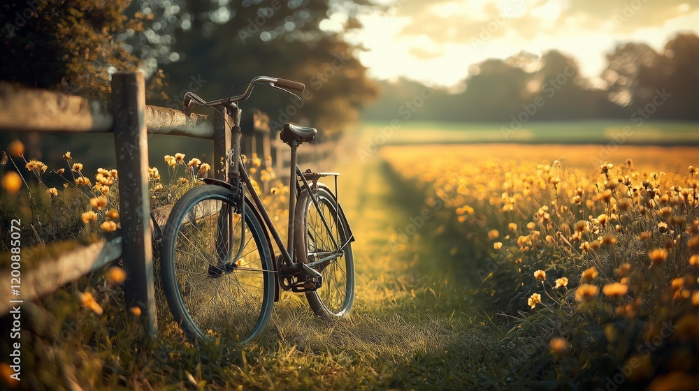 Obraz premium Serenity of a Bicycle Beside a Blooming Flower Field at Sunset