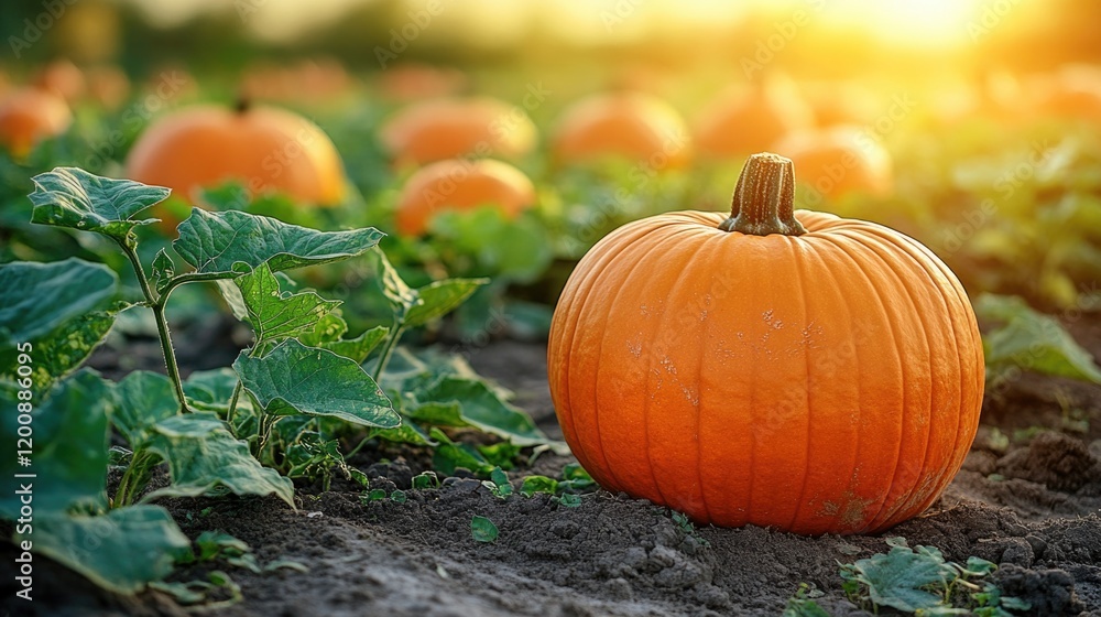 Vibrant pumpkin patch at sunset with lush green leaves Vibrant pumpkin patch at sunset with lush green leaves