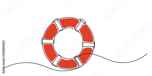 A continuous line drawing of lifebuoys, rescue belts, and an inflatable ring with rope, symbolizing safety and swift assistance for drowning victims. A rescue ring offers quick help in emergencies.