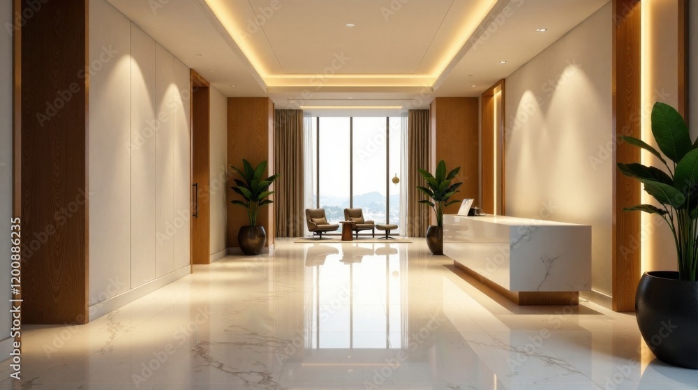 Fototapeta premium Serene Modern Office Reception Area with Polished Marble Flooring and Warm Wood Accents