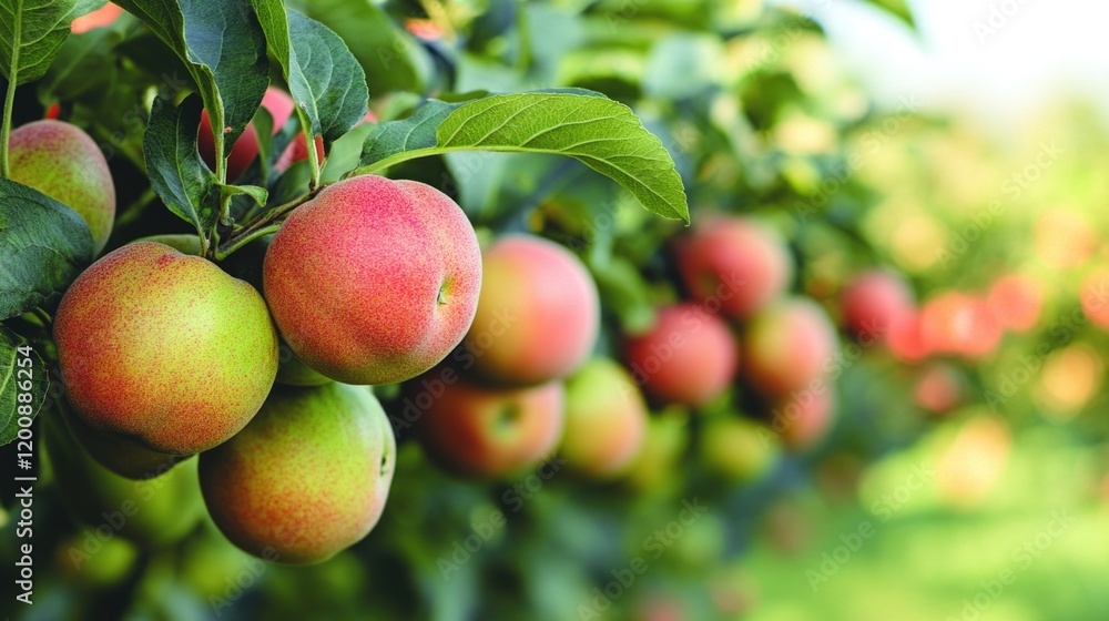 Ripe apples on orchard branch with lush green leaves in sunlight Ripe apples on orchard branch with lush green leaves in sunlight