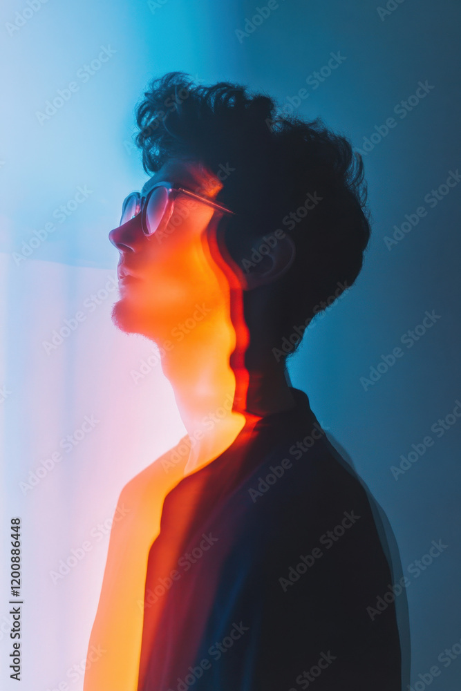 Silhouetted young man in artistic multi-colored light, featuring vibrant blue and orange hues. Silhouetted young man in artistic multi-colored light, featuring vibrant blue and orange hues.
