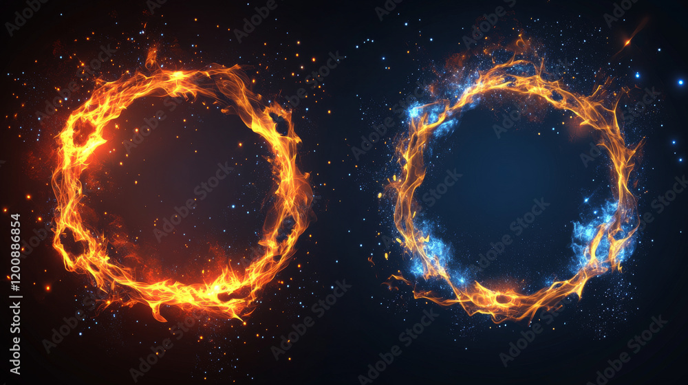 Fototapeta premium Fire frames, vector rectangular burning borders. Realistic burn flame tongues with flying particles and embers on rectanggle frame edges. 3d flare. Burned holes in fire, isolated blazing borders set