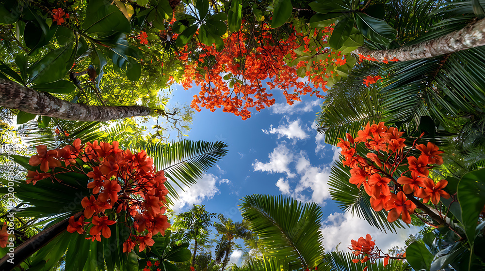 vibrant view of rainforest with orange flowers and lush green foliage, showcasing beauty of nature vibrant view of rainforest with orange flowers and lush green foliage, showcasing beauty of nature