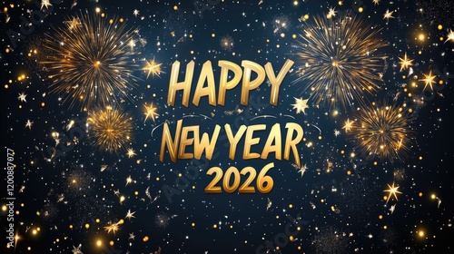 Happy new year 2026 celebration with fireworks and starry night sky. Happy New Year 2026