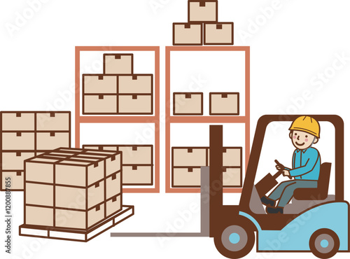  フォークリフトで荷物を運ぶ、男性作業員。