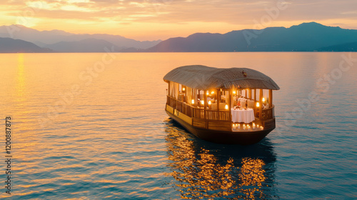 romantic dinner cruise on wooden boat with glowing lights, set against serene sunset over calm waters and surrounded by distant mountains