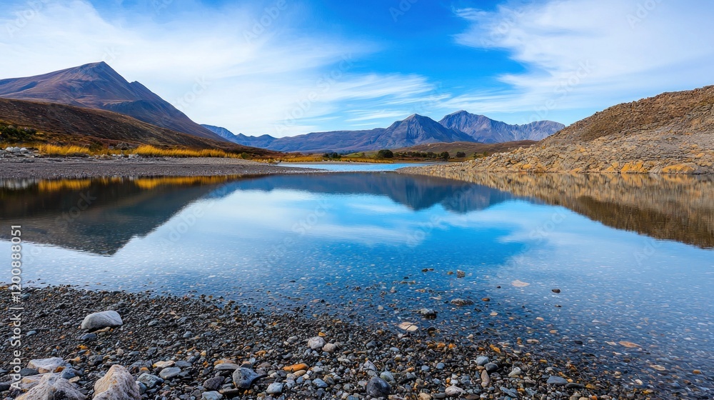 Fototapeta premium Serene landscape with mountains reflecting in calm water.