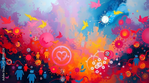 A bold acrylic painting of Global Health, Pandemics, and Vaccination, vibrant colors with textured brushstrokes creating a mystic, enchanting environment.  photo