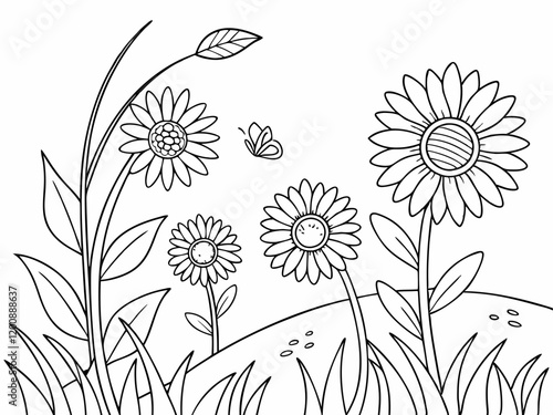 flower coloring page vector, cartoon, color, coloring page