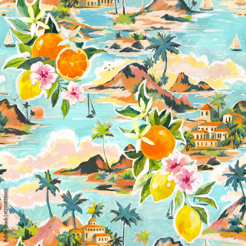 Beautiful vector tropical seamless pattern with hand drawn paradise islands with mountains and palm trees on beaches with ocean and clouds in sky. Ready tropical print design.