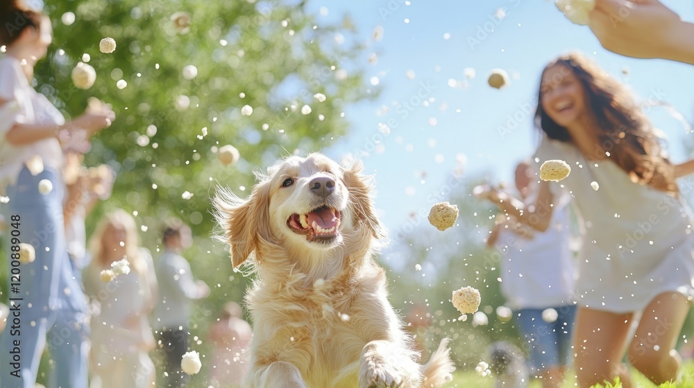 Golden Retriever Fun: A joyous golden retriever, tail wagging excitedly, bounds through a field of laughter and playful abandon. Golden Retriever Fun: A joyous golden retriever, tail wagging excitedly, bounds through a field of laughter and playful abandon.