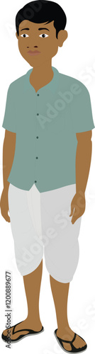 Indian young man. young boy in dhoti and shirt and slippers. Brown man, brown boy. Teenage male character.  