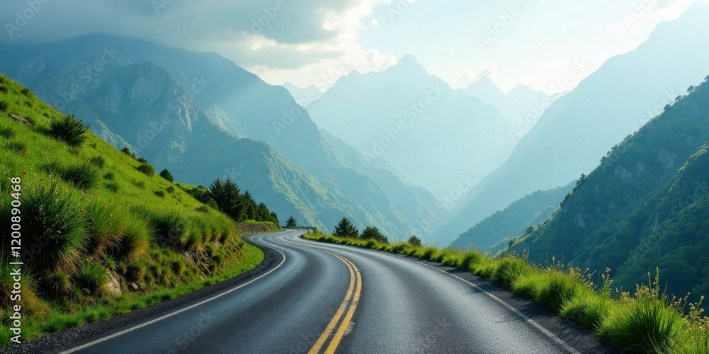 Naklejka premium Asphalt ribbon winding through a scenic mountainous landscape, bathed in the soft light of dawn or dusk, offering a tranquil and inspiring vista