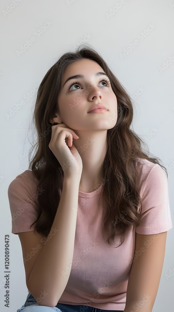 Young Woman Pondering with Thoughtful Expression on Clean Background Young Woman Pondering with Thoughtful Expression on Clean Background