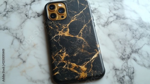 Elegant Black and Gold Marble Phone Case on Marble Surface photo