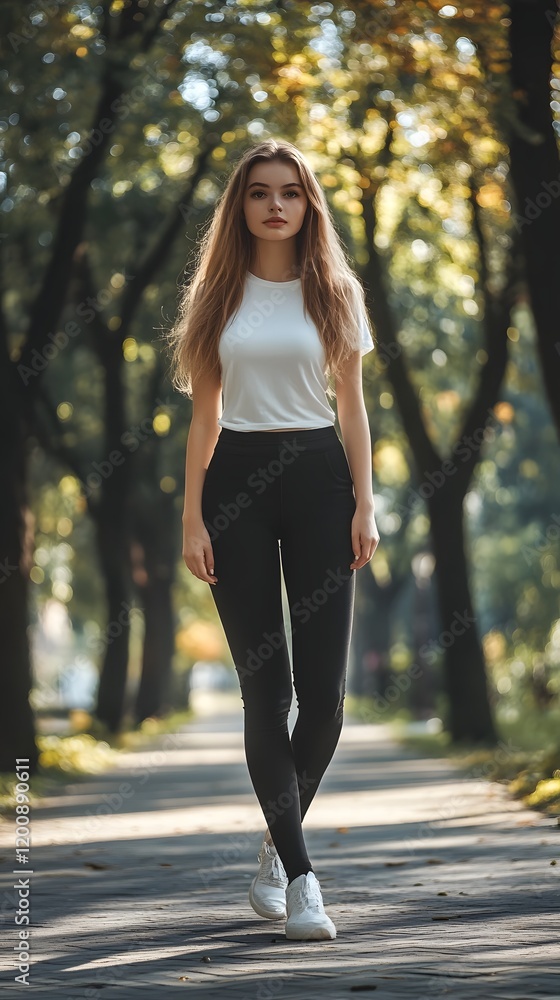 Young Woman Strolling in Casual Outfit Through Lush Park Young Woman Strolling in Casual Outfit Through Lush Park