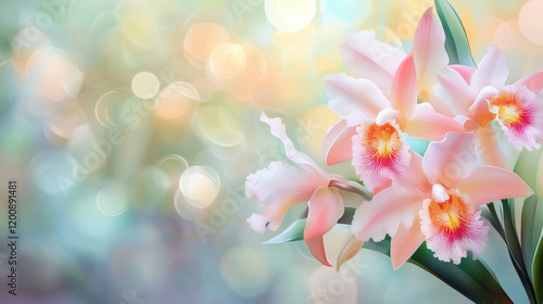 Delicate pink orchids with vibrant centers bloom gracefully against soft green and pastel bokeh background, evoking serene and exotic ambiance