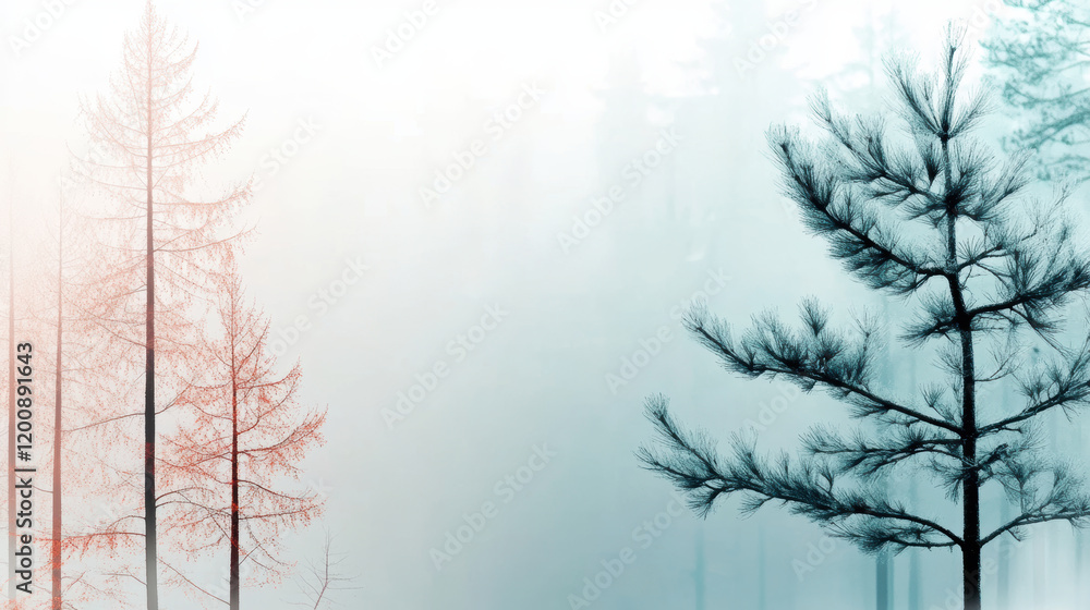 Obraz premium Ethereal misty forest scene with frosted gray and cool white tones, featuring two trees fading into foggy background, one with warm reddish hues and other with cool blue green tones