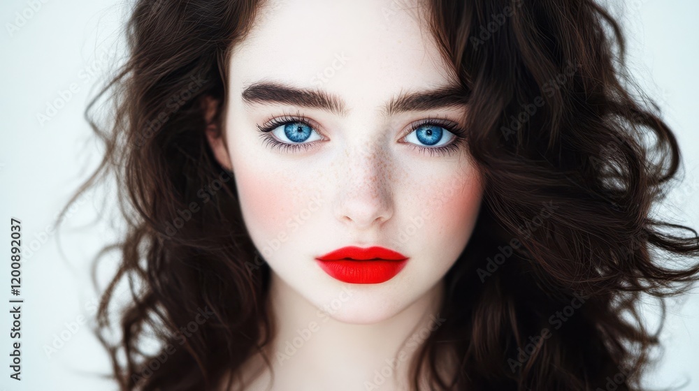 Fototapeta premium Captivating Gaze: A young woman with striking blue eyes and dark, curly hair, accentuated by bold red lipstick, looks directly at the camera with an alluring and confident expression.