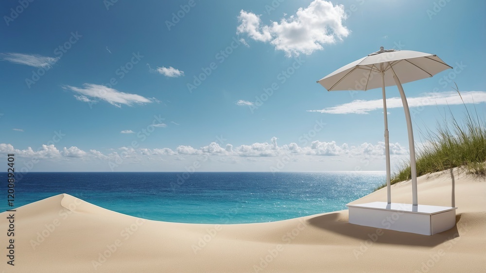 White Sand with White 3D podium put on sand dune againt blurry blue ocean and beautiful sky Summer background White Sand with White 3D podium put on sand dune againt blurry blue ocean and beautiful sky Summer background
