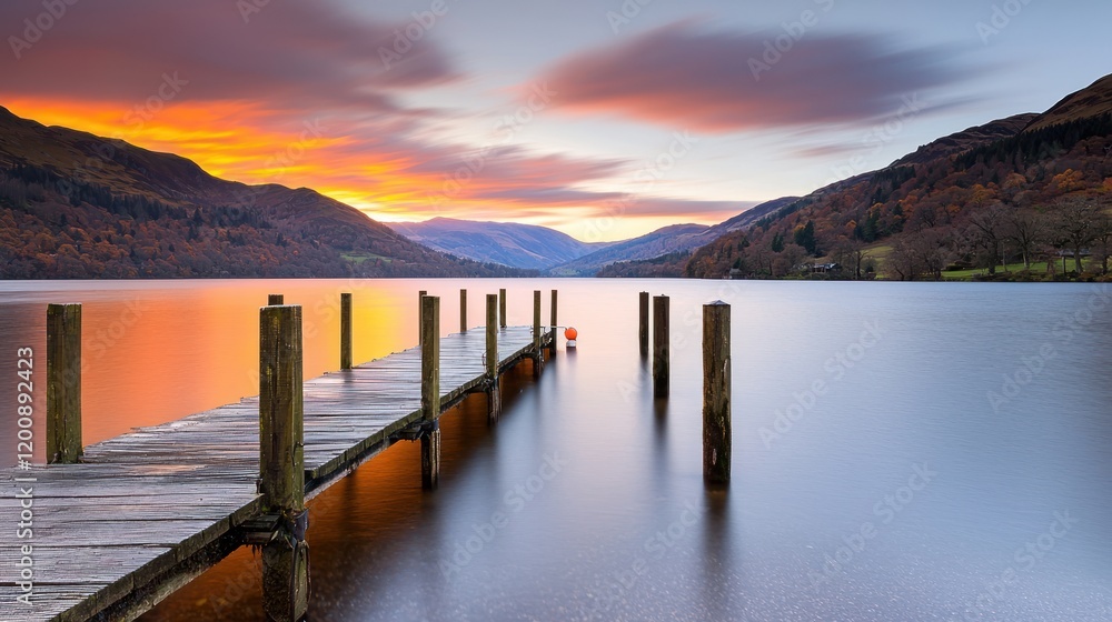 Serene lakeside view at sunset with a wooden pier. Serene lakeside view at sunset with a wooden pier.