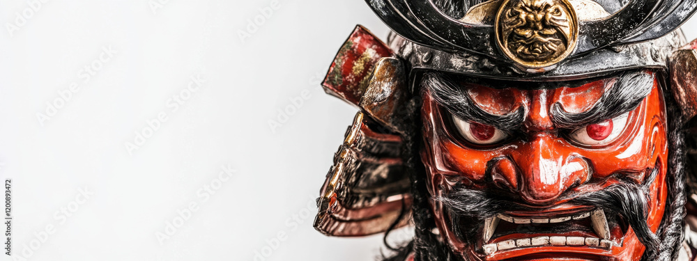 Fototapeta premium Close-up of a traditional Japanese samurai mask, showcasing intricate details and fierce expression, set against a plain background.