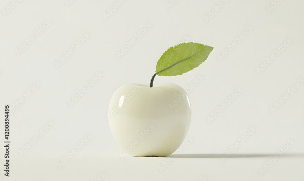 Obraz premium Single white apple with leaf on white background.