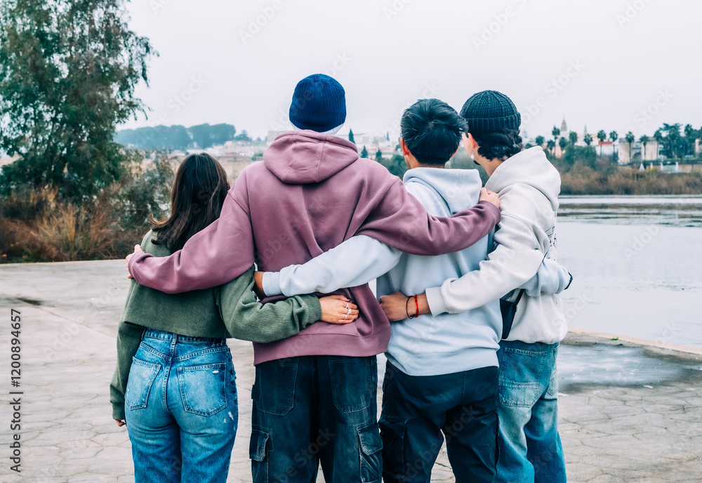 Four young multiracial friends are hugging, enjoying a moment of togetherness and friendship Four young multiracial friends are hugging, enjoying a moment of togetherness and friendship