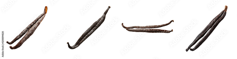 Assortment of Whole Dried Vanilla Pods on Rustic Wooden Surface Assortment of Whole Dried Vanilla Pods on Rustic Wooden Surface