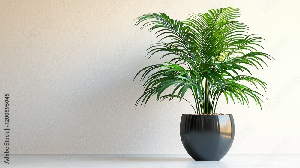 Lush Green Parlor Palm in Modern Black Pot Against White Wall Lush Green Parlor Palm in Modern Black Pot Against White Wall